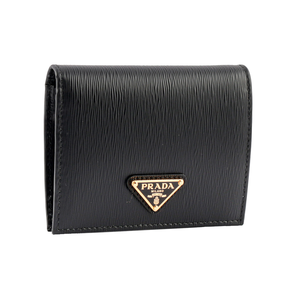 PRADA 三角牌LOGO水波紋皮革零錢袋短夾/黑色, , large