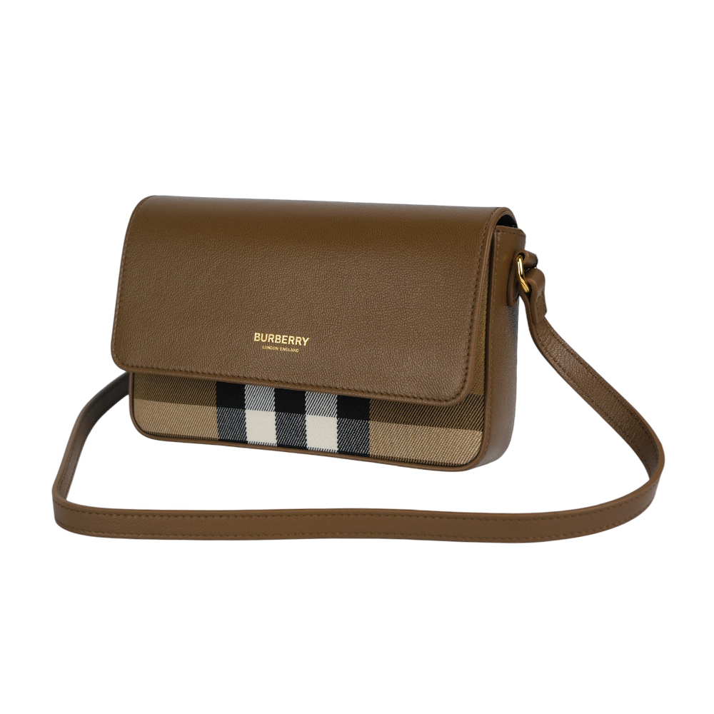 BURBERRY Hampshire 新款格紋帆布拼皮革手拿包/斜背包/土棕色, , large