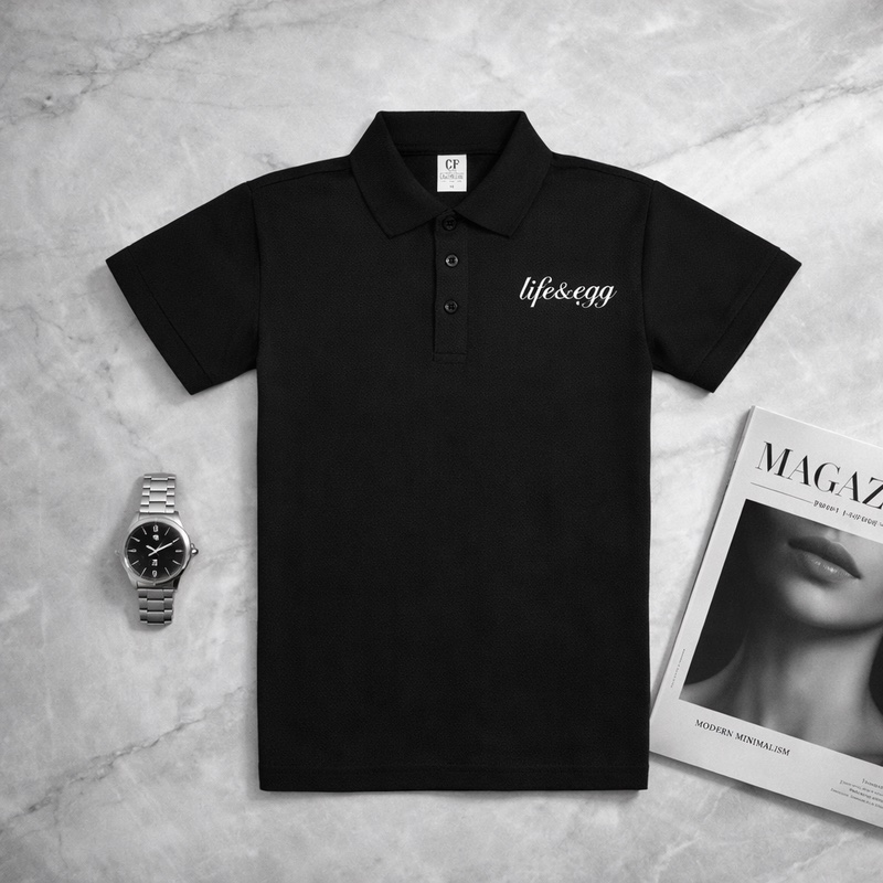 【LIFE&EGG】Simple Cursive-Script Polo Shirt /Black, , large