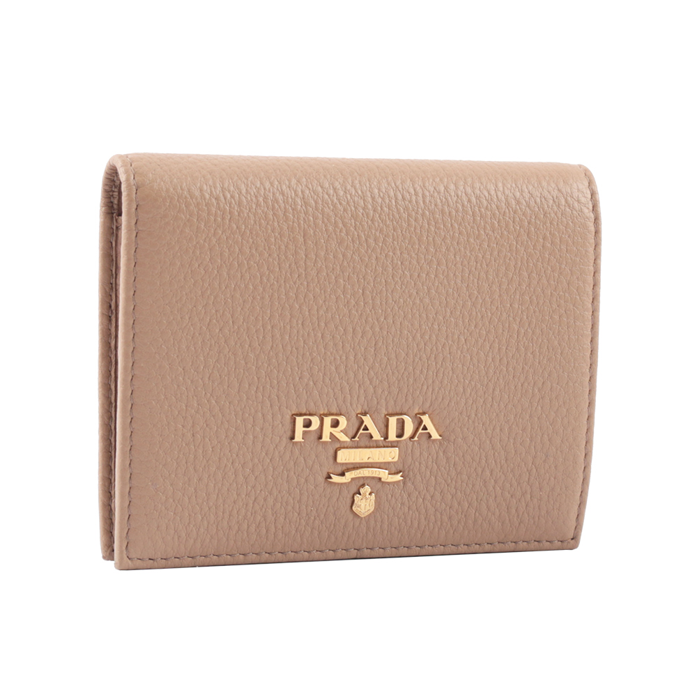 PRADA 浮雕Logo荔枝皮革二折短夾/裸粉色, , large