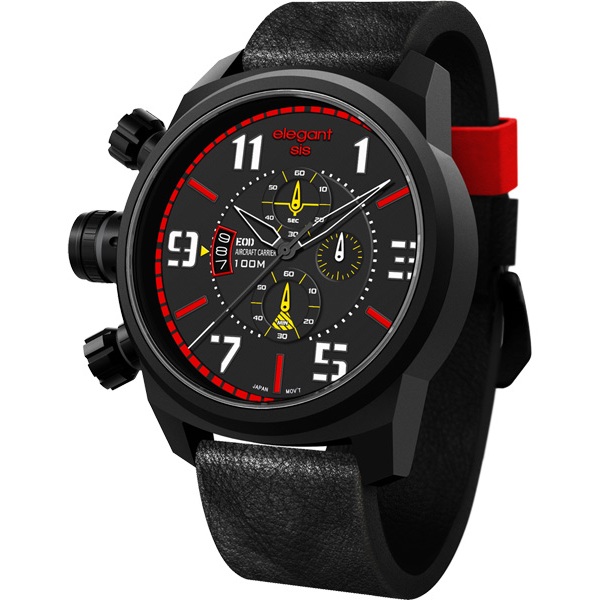 elegantsis Army 叢林戰鬥強悍三眼計時腕錶-黑x紅/48mm ELJF48-OR02LC, , large