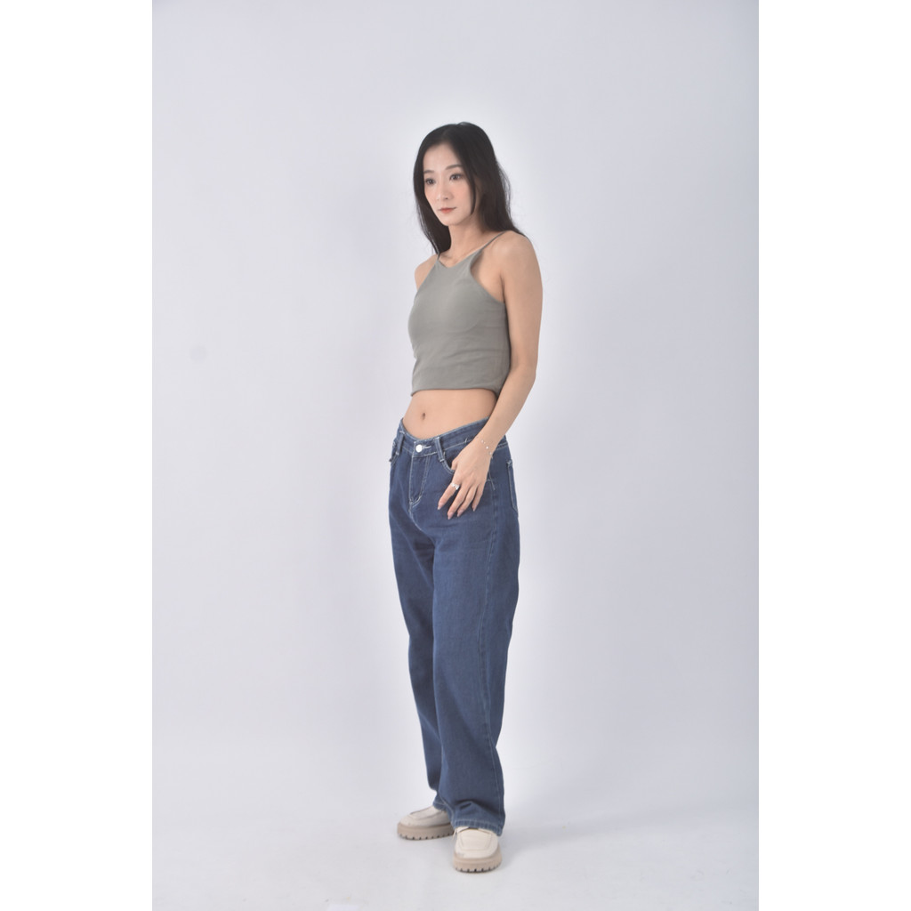 (L) jeans高腰丹寧牛仔質感藍色長褲二手衣, , large