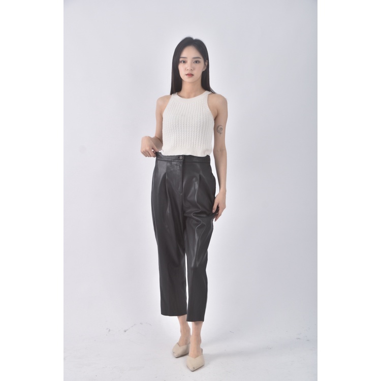 (S) tint高腰寬版皮質黑色長褲二手衣, , large