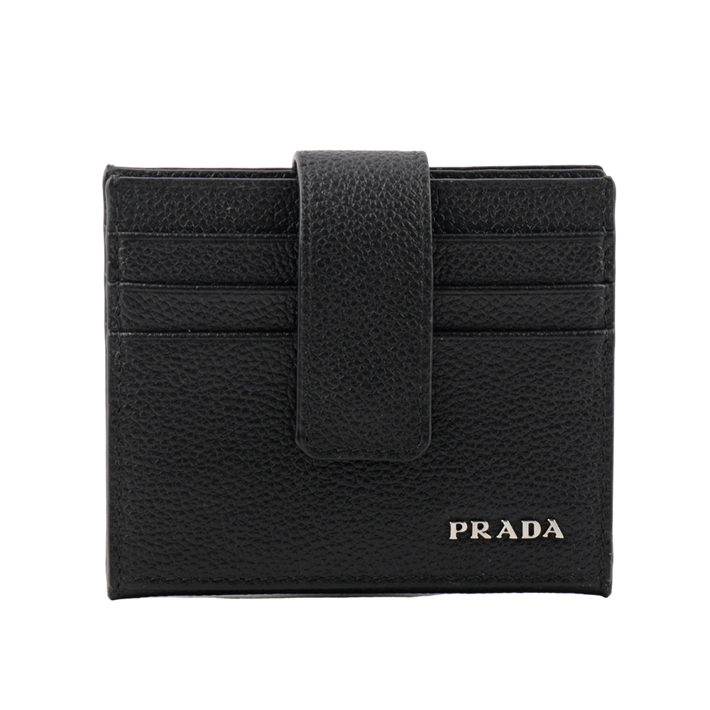 PRADA 銀字Logo 粒紋牛皮釦式二折卡片夾/名片夾/黑色, , large