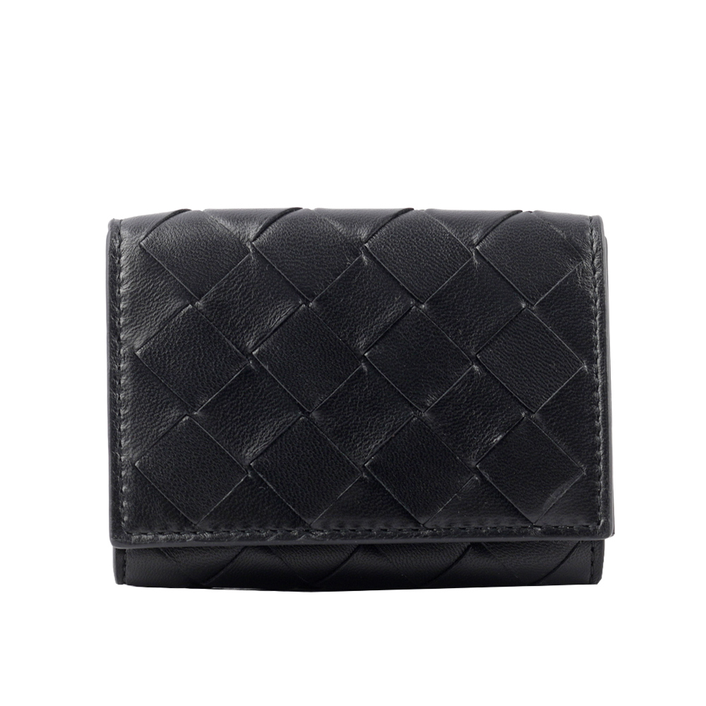 BOTTEGA VENETA 經典小羊皮及小牛皮編織迷你雙釦三折短夾/黑色, , large