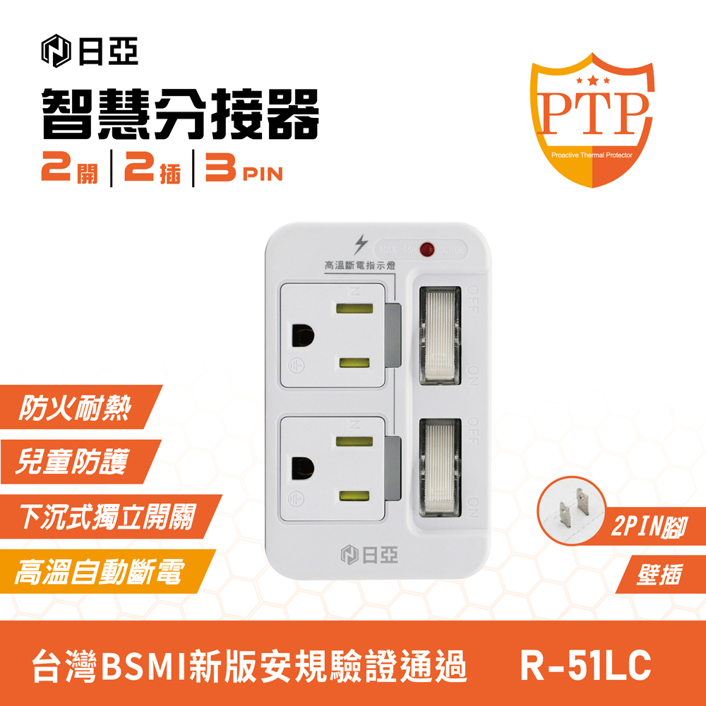 [寶旺旺]日亞 防雷3孔2開2插 分接器(新安規 兒童保護插 PTP高溫斷電指示燈)R-51LC, , large