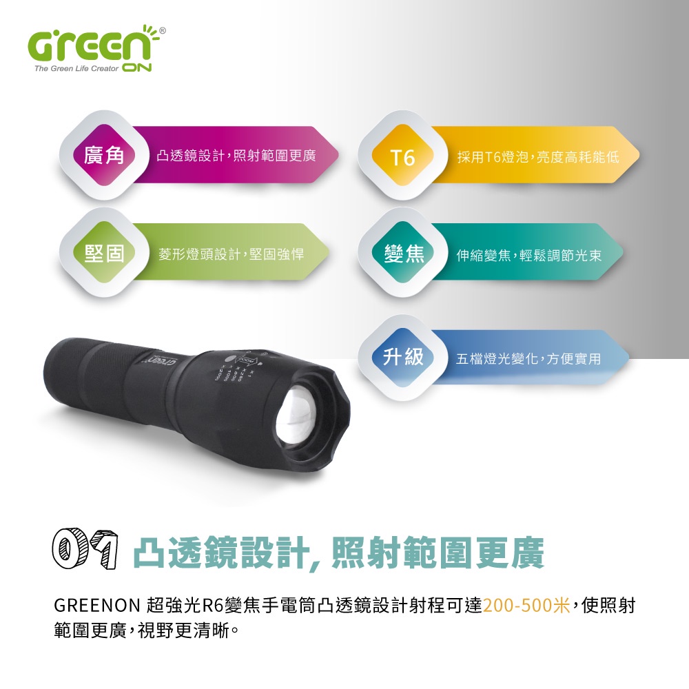 【GREENON】超強光T6變焦手電筒(GSL600) 電池版 伸縮變焦 停電緊急照明, , large