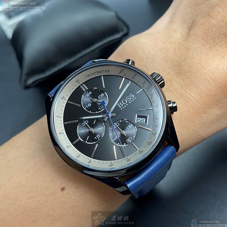 [星晴錶業]BOSS手錶,44mm,HB1513563鐵灰錶面黑錶殼寶藍真皮皮革錶帶款, , large