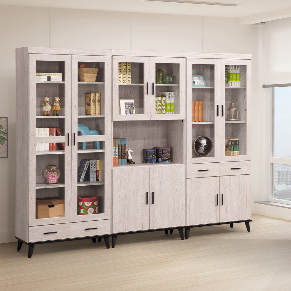 【唯熙傢俱】凱熙橡木白2.7尺玻璃書櫃, , large