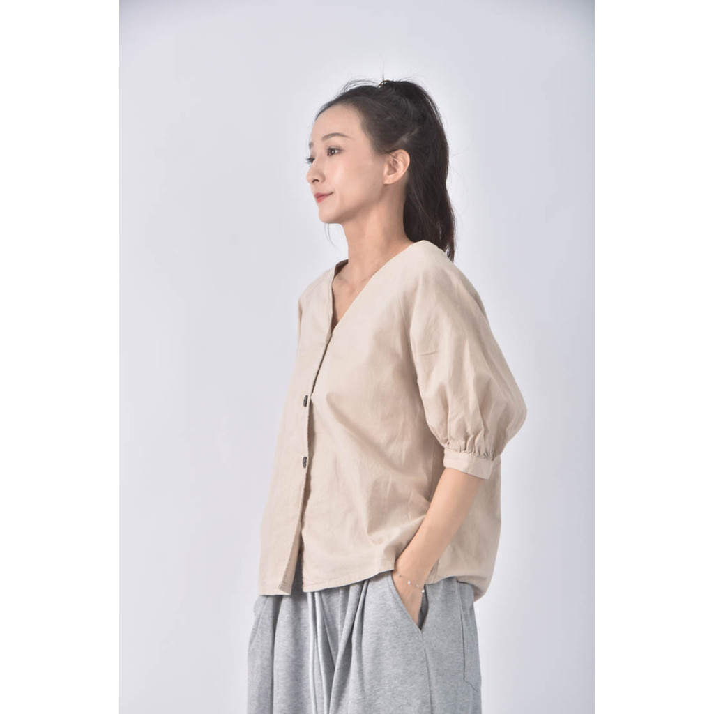 (M) gu亞麻棉質V領泡泡袖杏色長袖上衣二手衣, , large