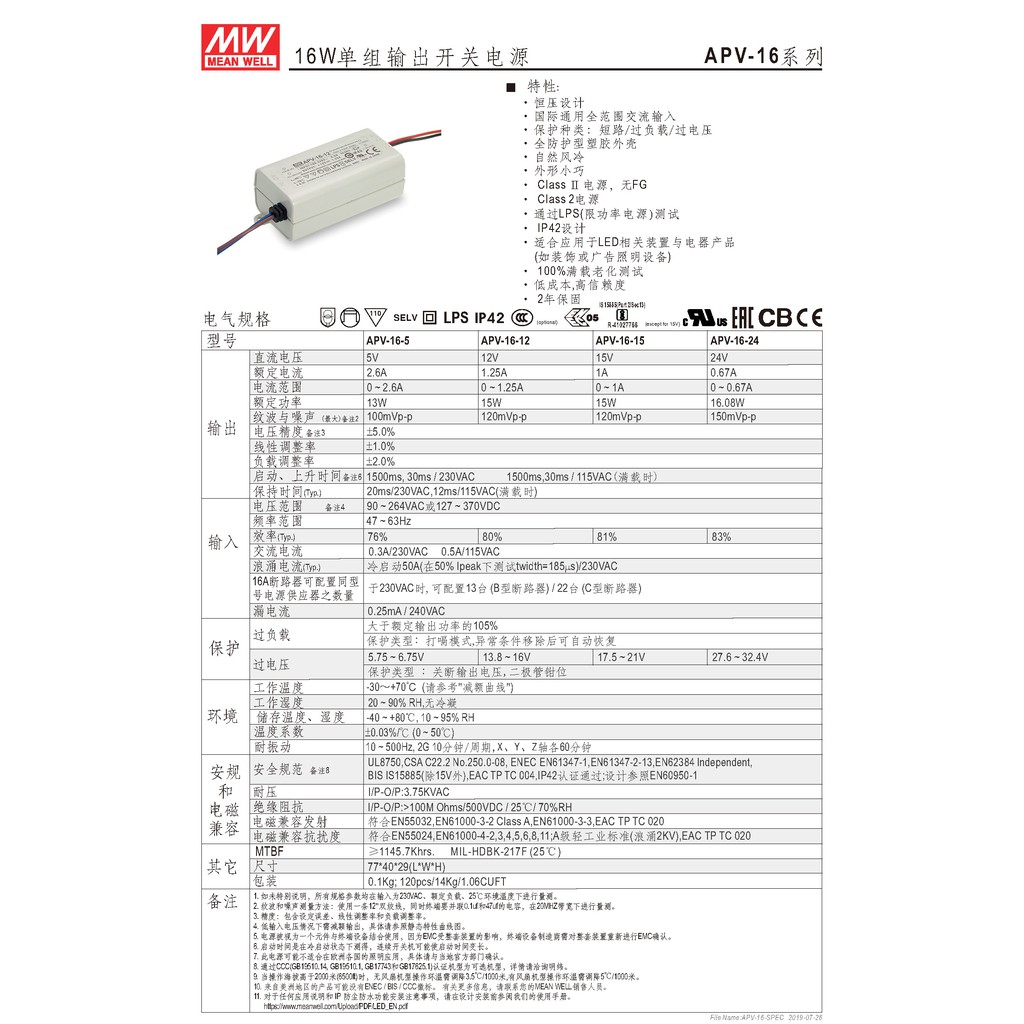 明緯 16W單組輸出LED光源電源(APV-16-12), , large