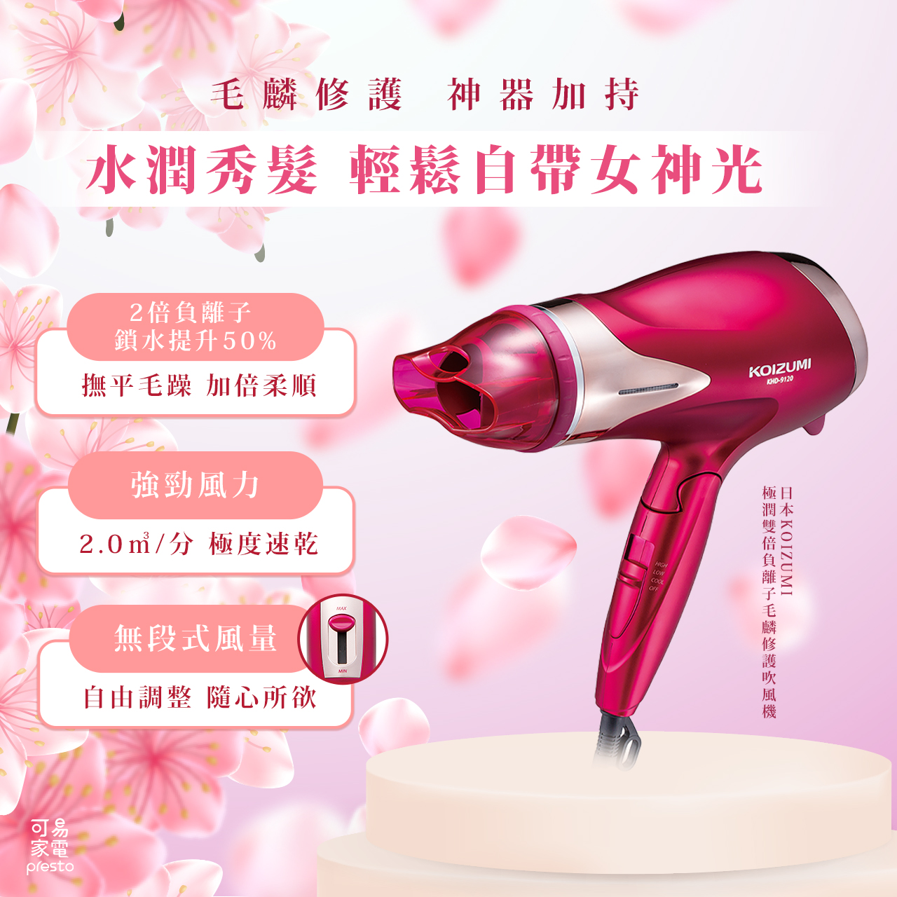 【可易家電日本KOIZUMI小泉成器 極潤雙倍負離子毛麟修護吹風機_KHD-G120-PE, , large