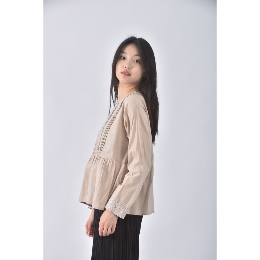 (S) samansa mos2質感棉質純棉杏色長袖上衣二手衣, , large