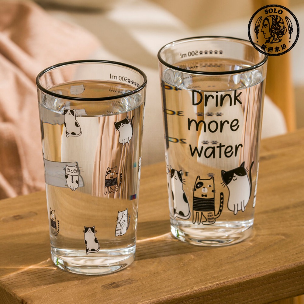 【SOLO Vintage】LCW Home 570ml Drink More Water Cute Cat Glass Cup Set Made in Turkey, , large