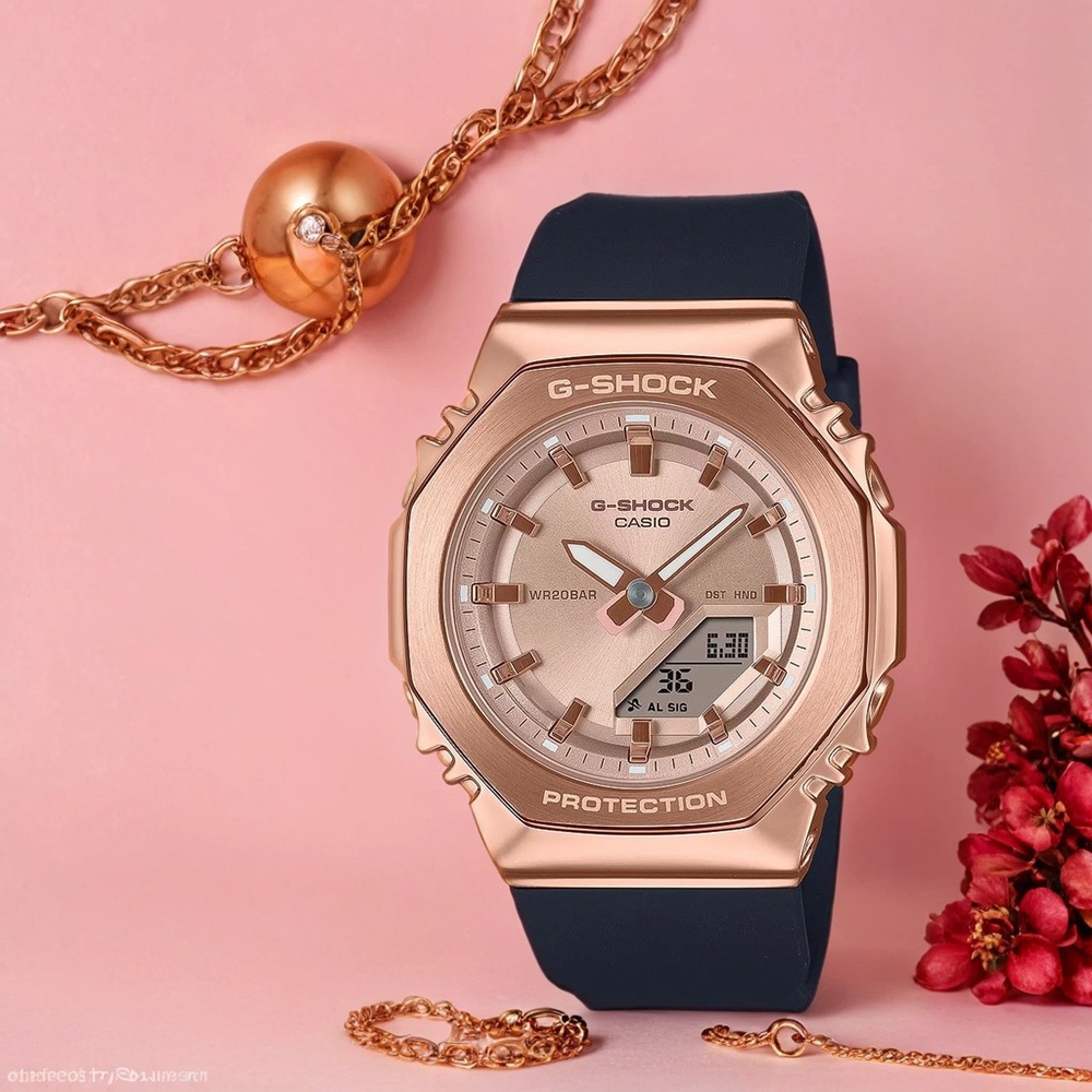 CASIO 卡西歐 G-SHOCK 個性時尚 八角金屬錶殼 雙顯手錶-玫瑰金x黑 GM-S2110PG-1A4, , large