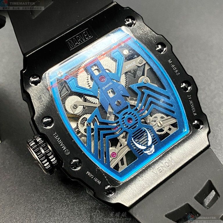 [星晴錶業]MARVEL手錶,44mm, 50mm,MARV002雙面機械鏤空錶面黑錶殼深黑色矽膠錶帶款, , large