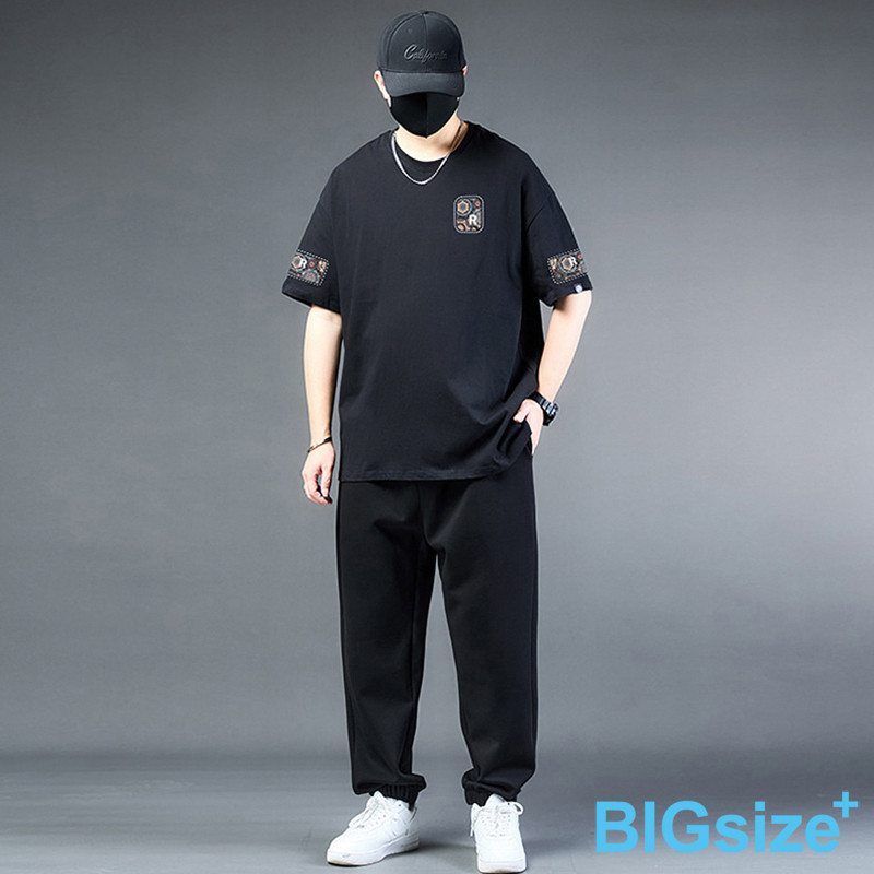 大尺碼-落肩 印花 T恤-黑/淺卡-0201070, , large