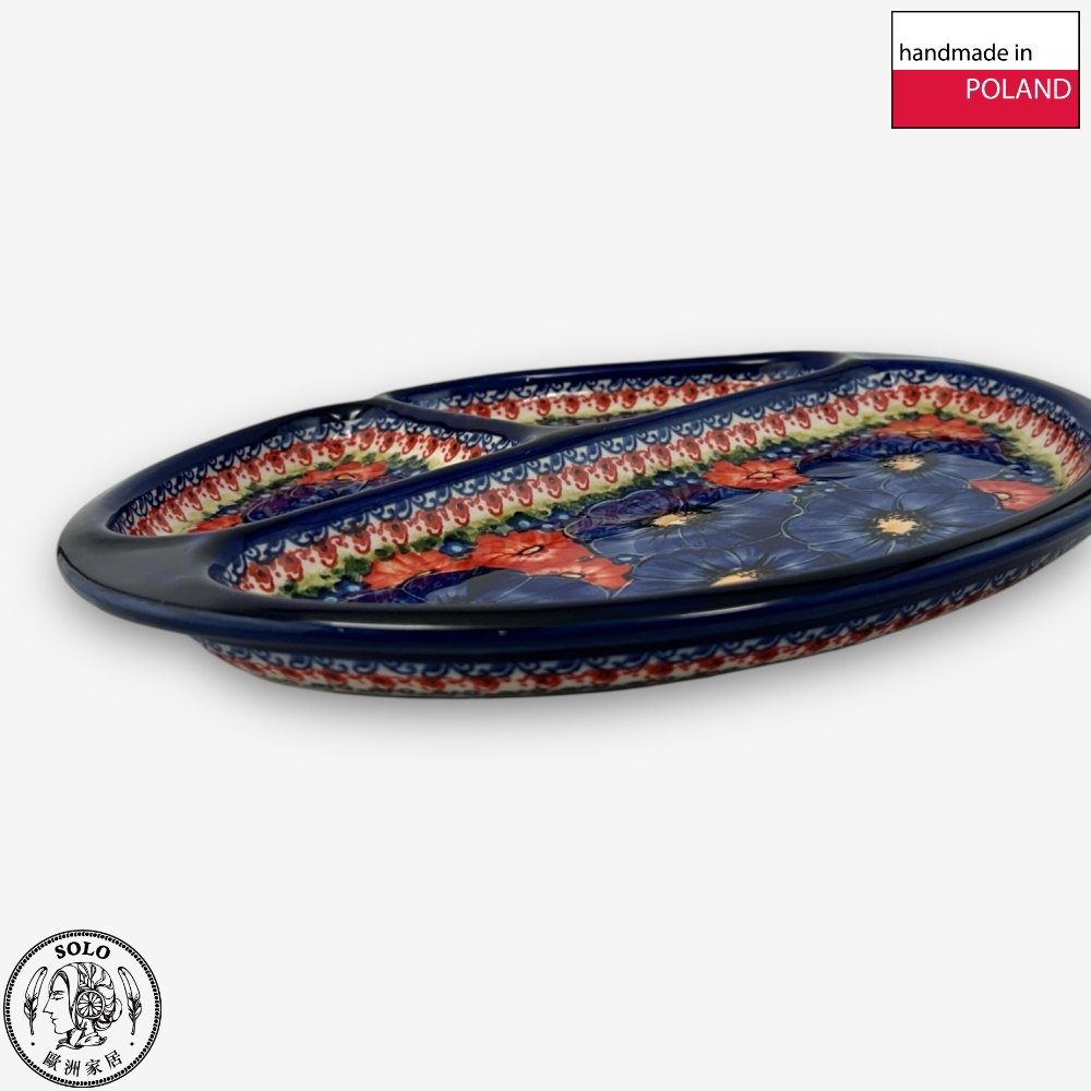 【SOLO Vintage】Cerraf Polish Pottery 28cm Divider Plate Red and Blue Blossoming Elegance Series Made in Poland, , large