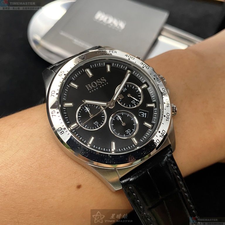 [星晴錶業]BOSS手錶,42mm,HB1513752黑色錶面銀錶殼深黑色真皮皮革錶帶款, , large