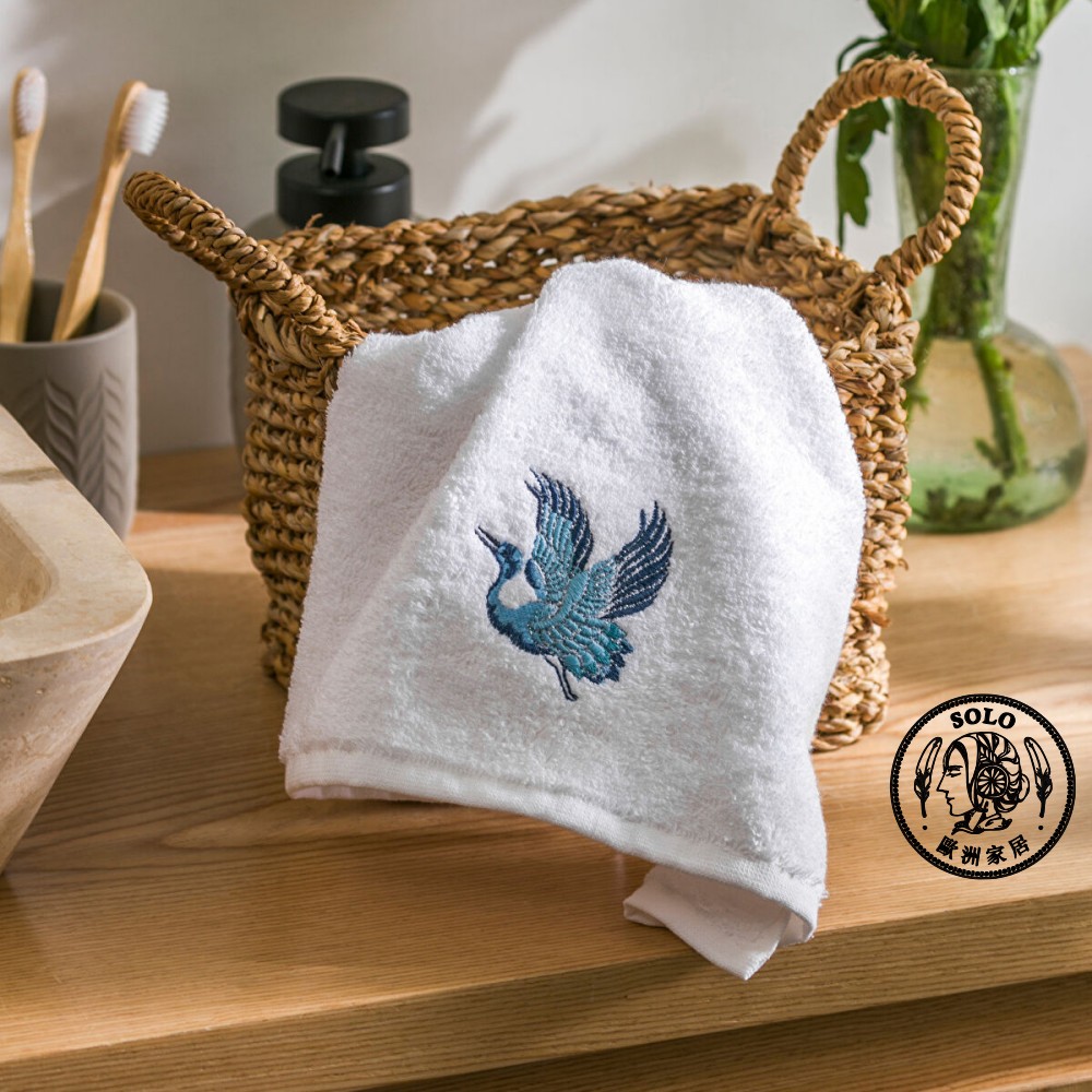 【SOLO Vintage】LCW Home 50x80cm Blue Crane Embroidery Towel 100% Cotton Super Absorbent Made in Turkey