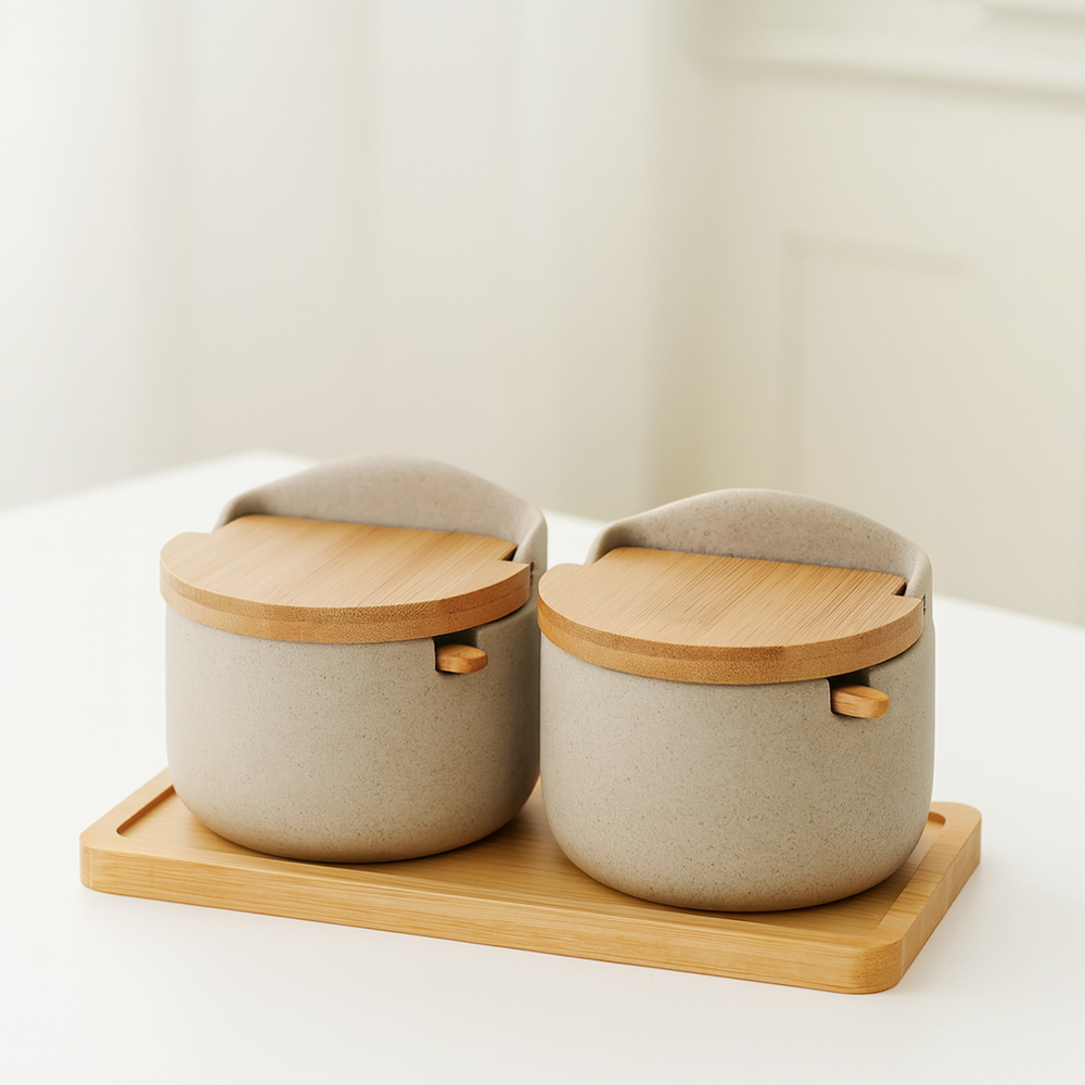 【上手家居】陶瓷竹木蓋調味罐 2罐組 2罐+2勺+底座(調味料罐/鹽罐/調料罐/調味盒), , large