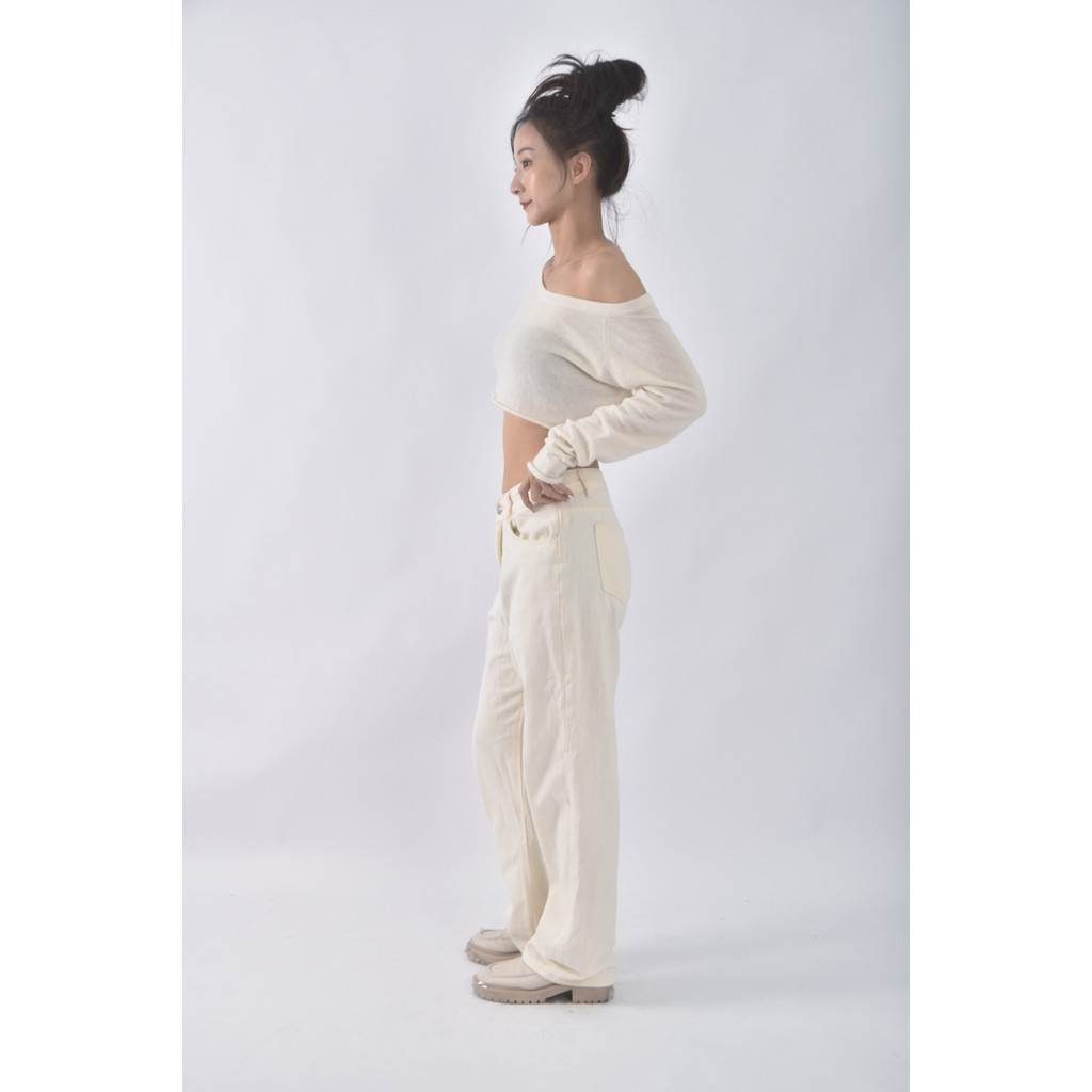 (M) 高腰直筒白色長褲二手衣, , large