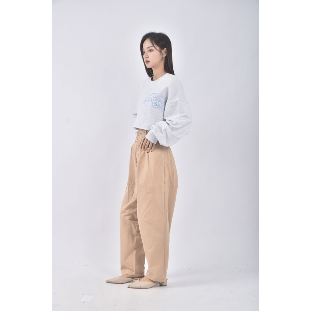 (L) queenshop高腰丹寧牛仔質感杏色長褲二手衣