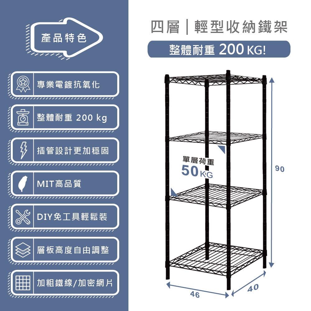 【KIWISH】46X40X90H四層架(黑色)收納架/鐵架/置物架/鐵力士架｜六分管徑 整體耐重200kg, , large