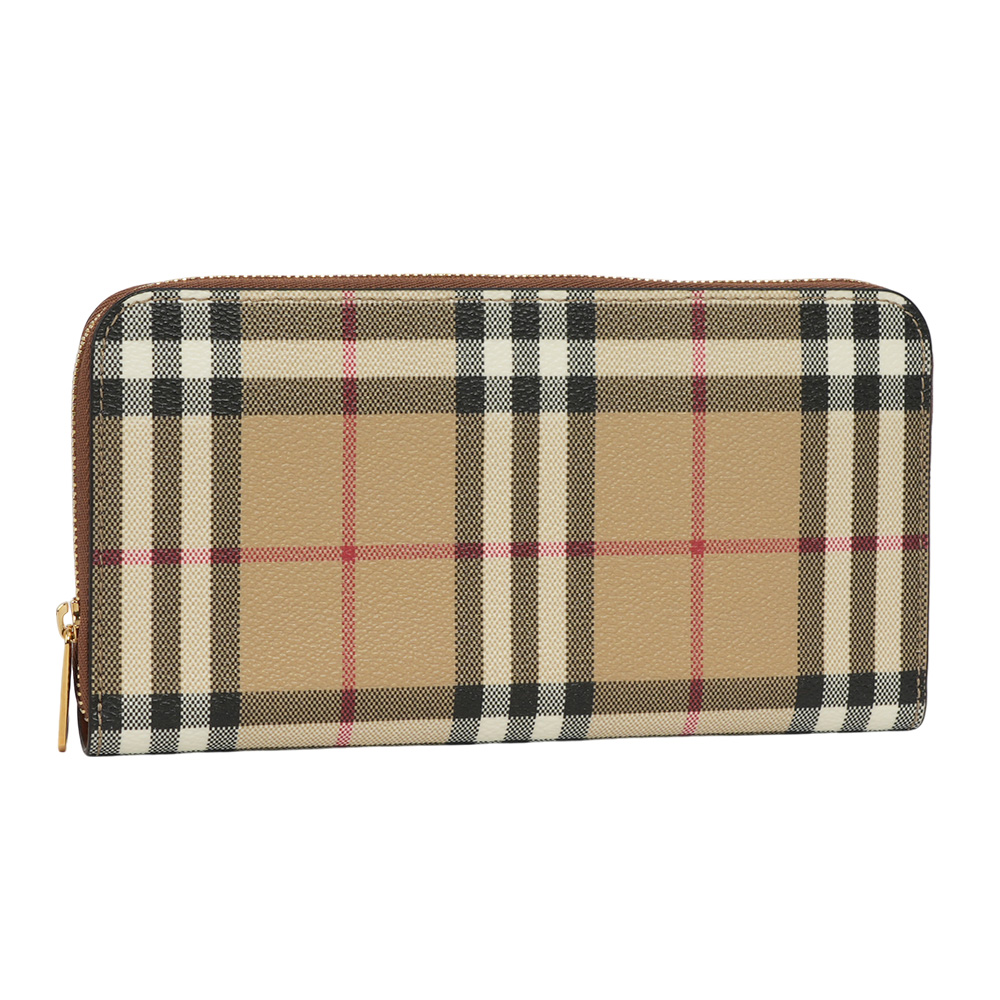BURBERRY Vintage 格紋皮革ㄇ形拉鍊皮夾/米色/樺木棕色, , large