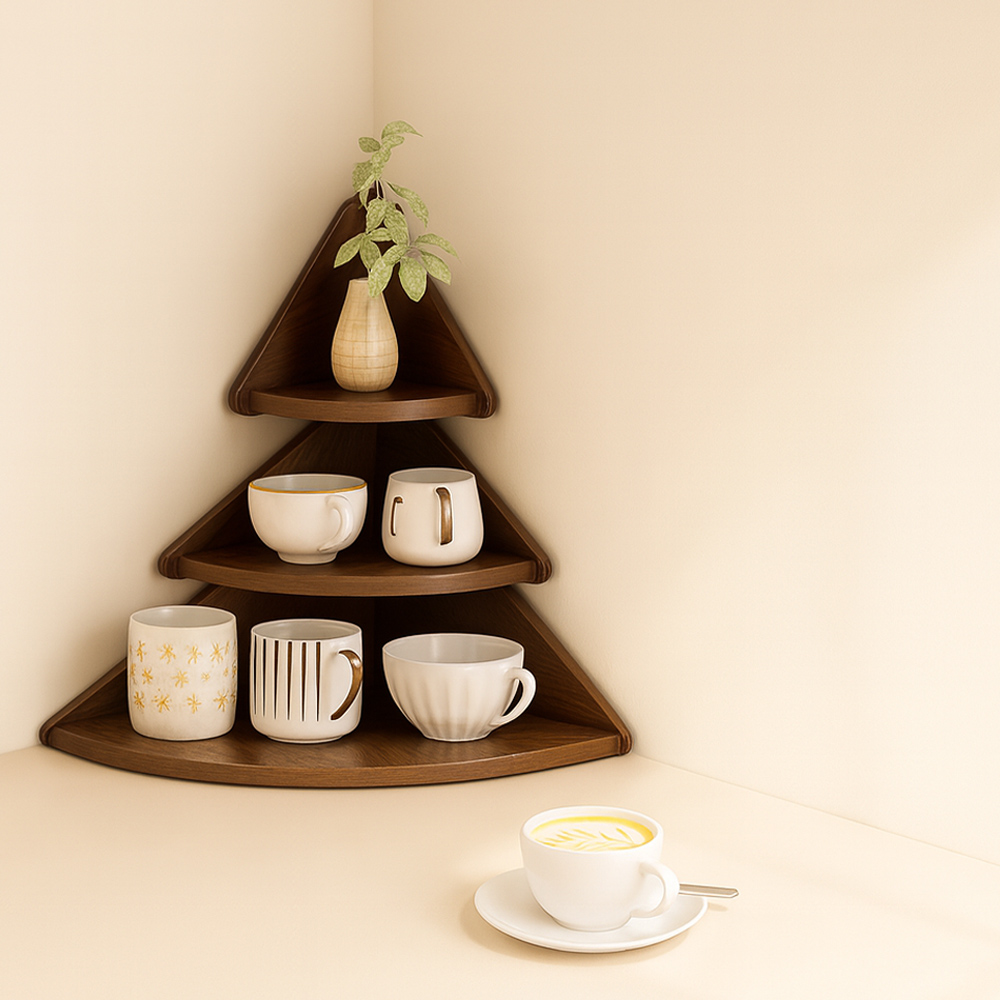 【上手家居】松樹轉角置物架-胡桃木(三角置物架/角落置物架/小置物架/轉角收納架/牆角置物架), , large