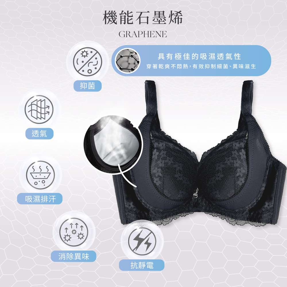 【Clany可蘭霓】 澎然升級 抑菌石墨烯軟鋼圈調整型BCD內衣｜低脊心.集中包副乳.蕾絲內衣 8071-63 質感黑, , large