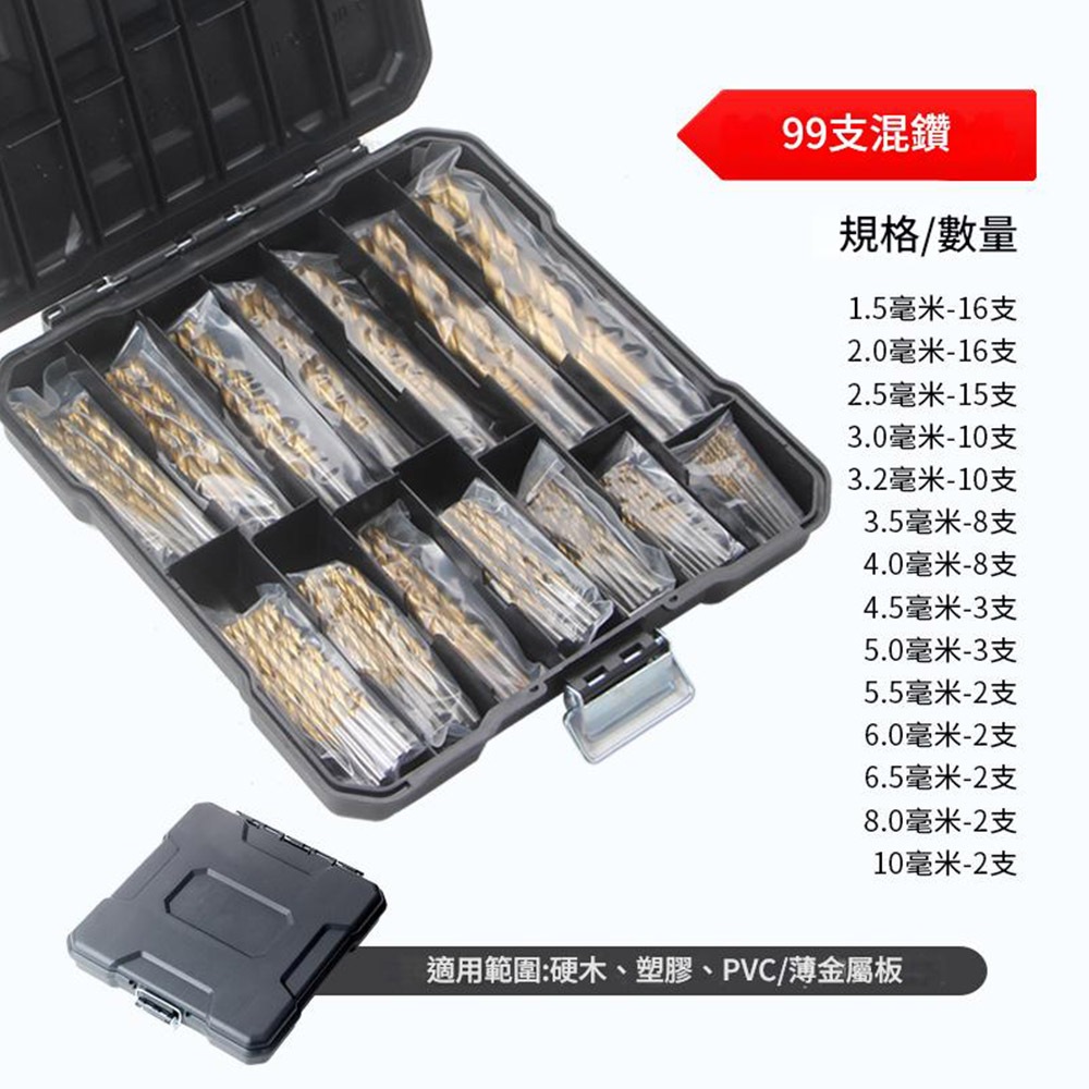 Twist drill bit set, 99 pieces, plastic box packaging (titanium-plated high-speed steel), , large