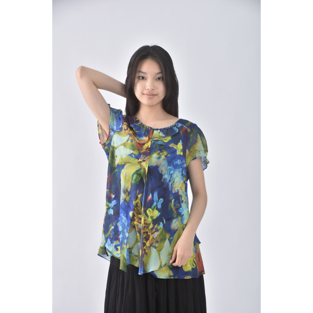 (XL) ming uei雪紡藍色短袖上衣二手衣, , large