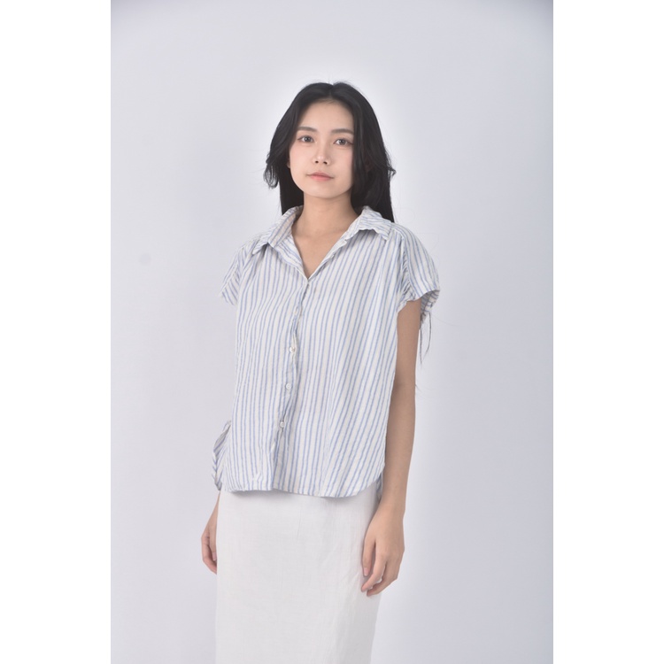 (S) 質感條紋藍色短袖上衣二手衣