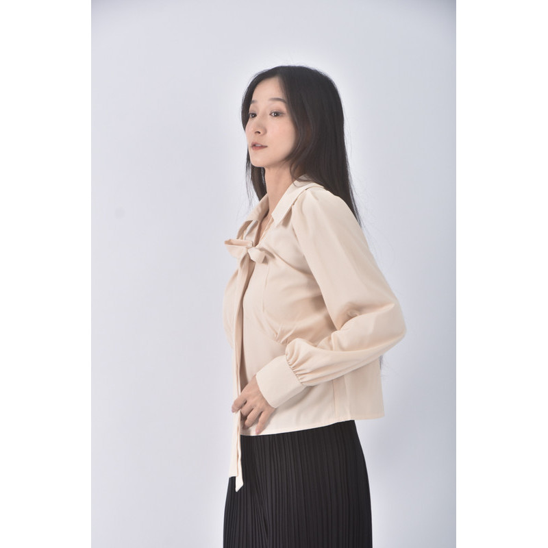 (S) citymp質感綁帶領口杏色長袖上衣二手衣, , large