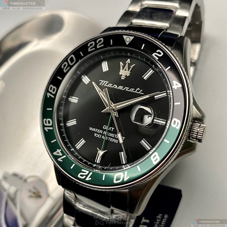 [星晴錶業]MASERATI手錶,44mm,R8853140005黑色錶面墨綠黑錶殼銀色精鋼錶帶款, , large