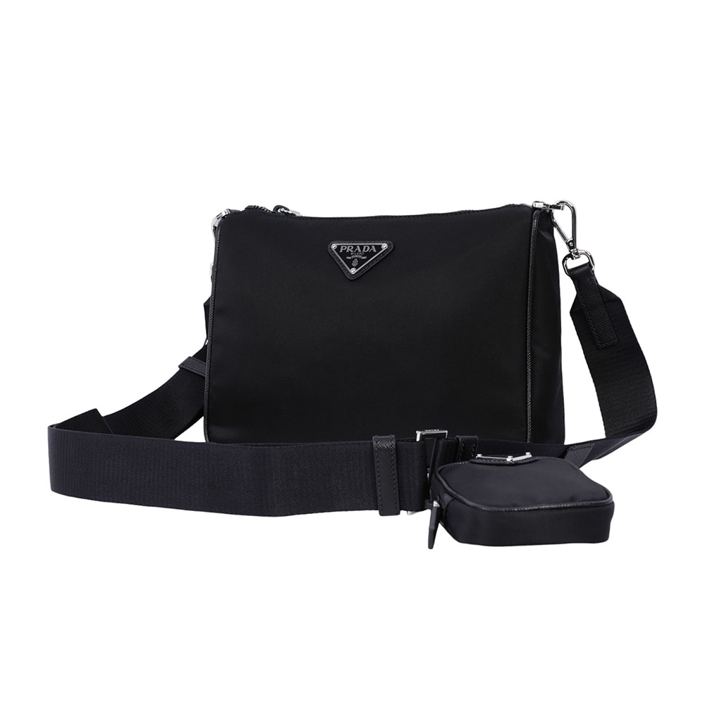 PRADA 三角牌Logo三合一附小袋再生尼龍郵差包/黑色, , large