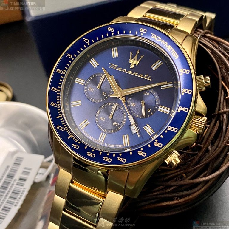 [星晴錶業]MASERATI手錶,44mm,R8873640008寶藍色錶面寶藍錶殼金色精鋼錶帶款, , large