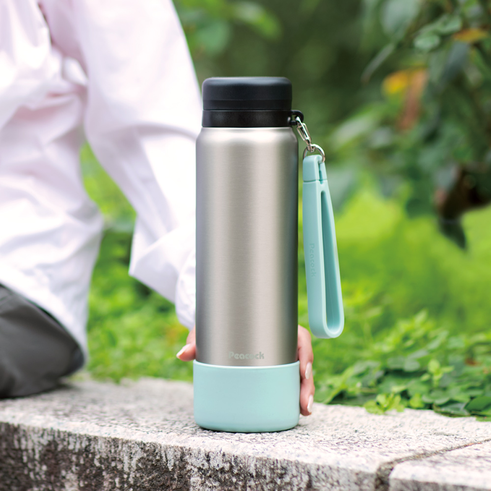 【日本孔雀Peacock】運動隨身316不鏽鋼保冷保溫杯1000ML(附運動提帶+防撞底座)-原鋼色, , large