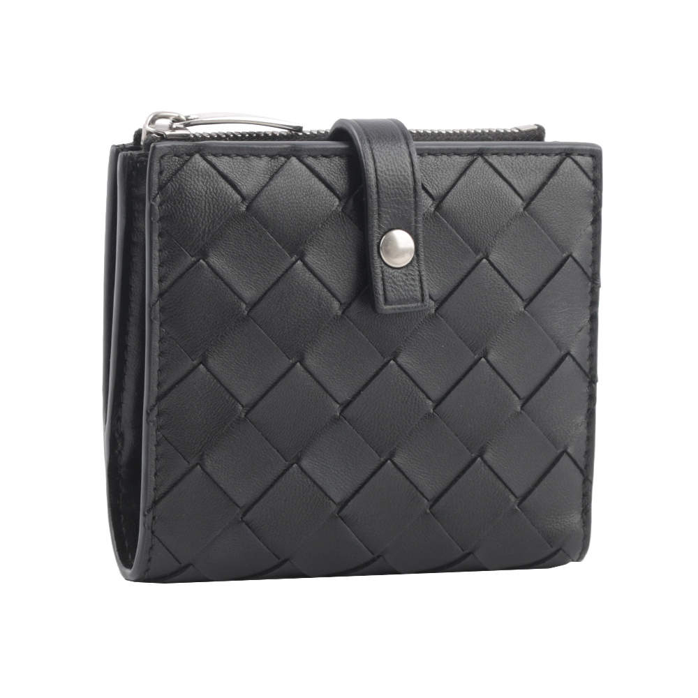 BOTTEGA VENETA 新款銀釦小羊皮編織釦式零錢袋短夾/黑色, , large