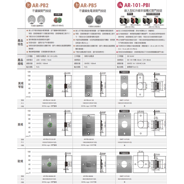 昌運監視器 SOYAL AR-PB5-068108 美規 免電源不鏽鋼開門按鈕 不銹鋼按鈕, , large