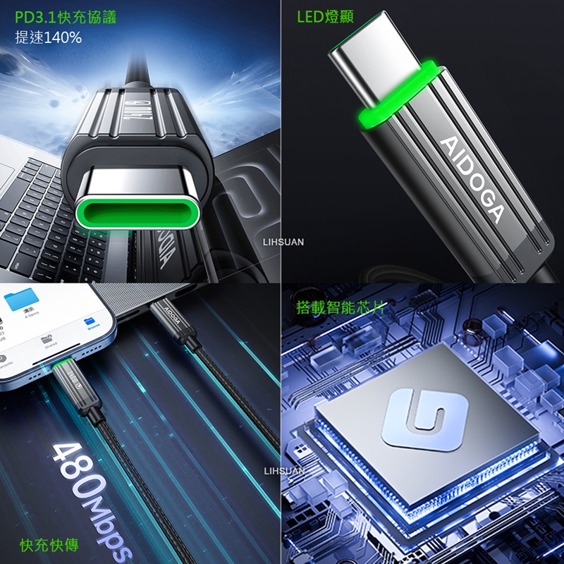 AIDOGA艾迪伽LQ DC4012鋼鐵系列USB-C to Type-C PD充電線傳輸線快充線編織線240W LED 1.2M, , large