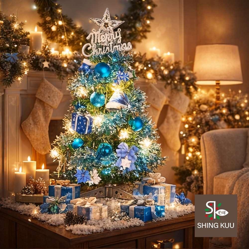 心可樂活-2尺60cm小美好套裝聖誕樹+1號藍雪禮物夢彩繪木片飾品組+LED暖白光20燈雪花燈串_台灣本島免運費, , large