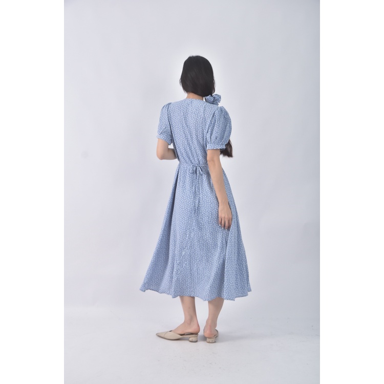 (S) chill k k碎花棉質公主袖藍色綁帶洋裝二手衣, , large