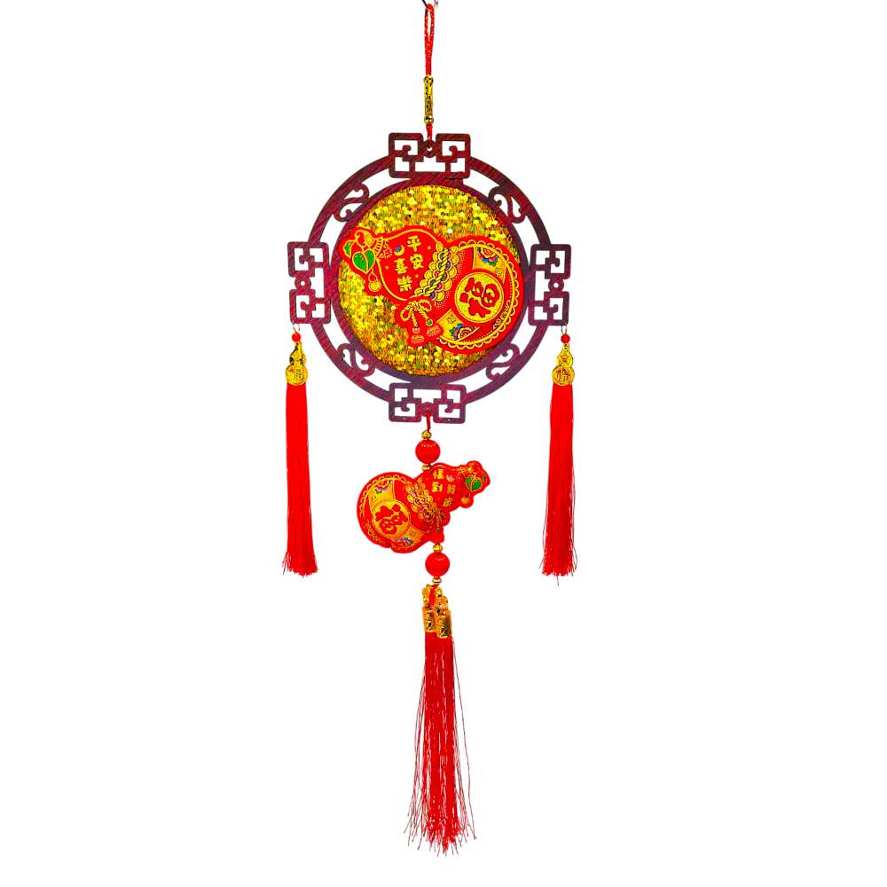 摩達客◉春節開運招財◉金亮片葫蘆木框流蘇吊飾掛飾, , large