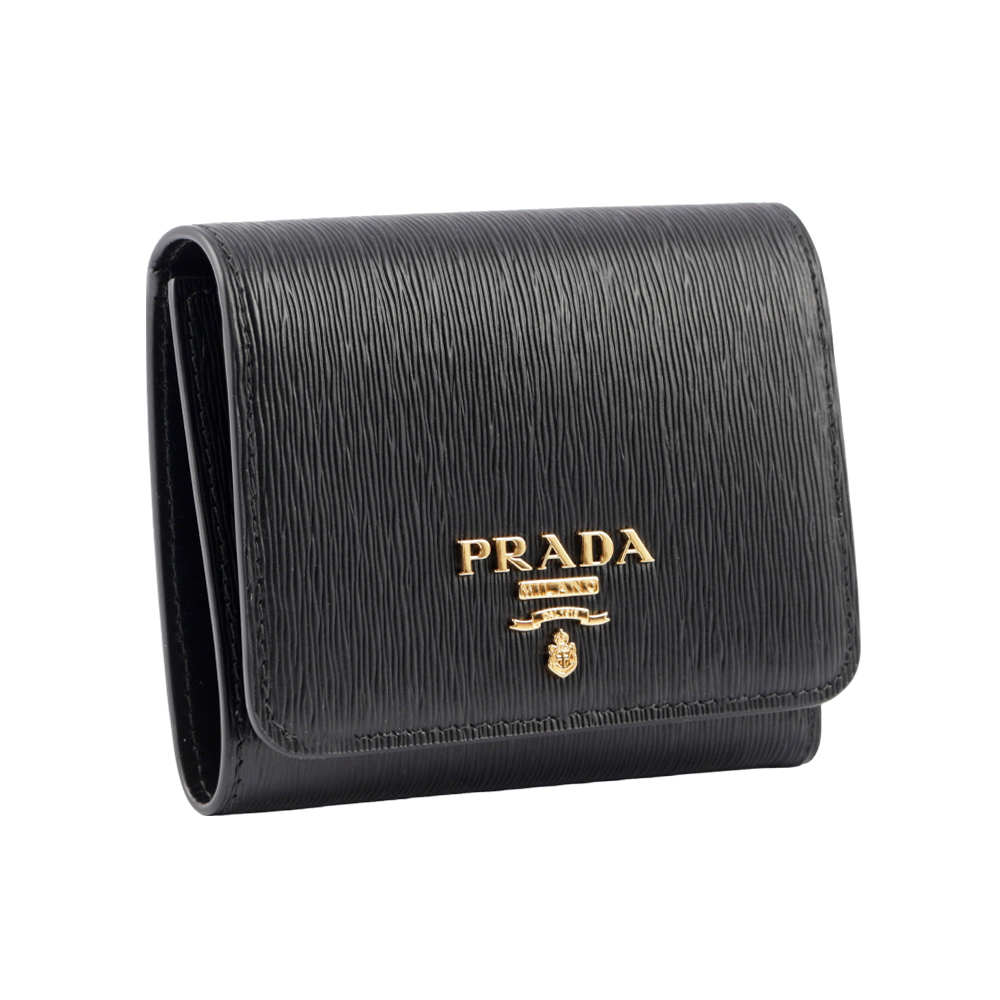 PRADA 三角牌LOGO水波紋皮革暗釦三折短夾/黑色, , large