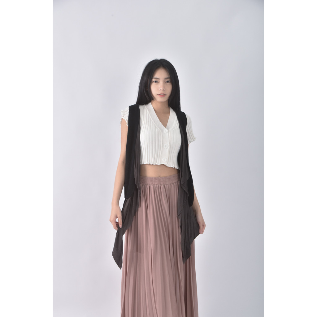 (M) 羊毛假兩件拼接背心黑色罩衫二手衣, , large