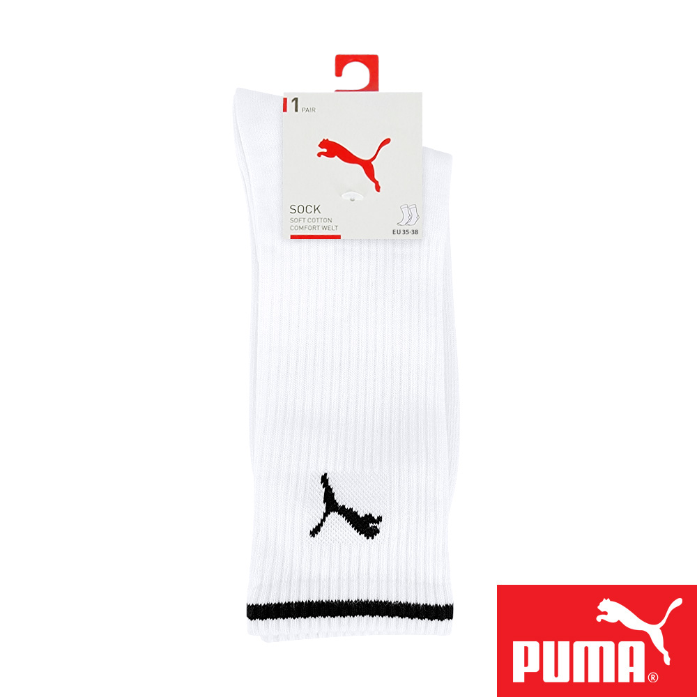 PUMA 男女款中筒襪1雙裝 彪馬 跳豹 男襪 女襪 襪子 運動襪 小腿襪 棉襪 柔軟 棉質 舒適 高彈 耐磨 黑 白, 白,35-38(EU)/23-25(cm), large