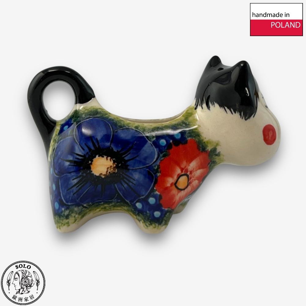 【SOLO Vintage】Cerraf Polish Pottery 60ml Cow Milk Jug Red and Blue Blossoming Elegance Series Made in Poland, , large