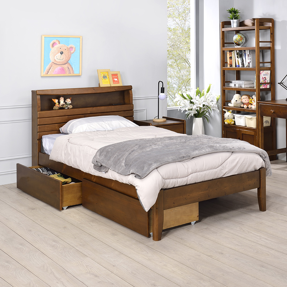 【Homelike】喜家居單人3.5尺附插座抽屜床組(胡桃色)(2262)